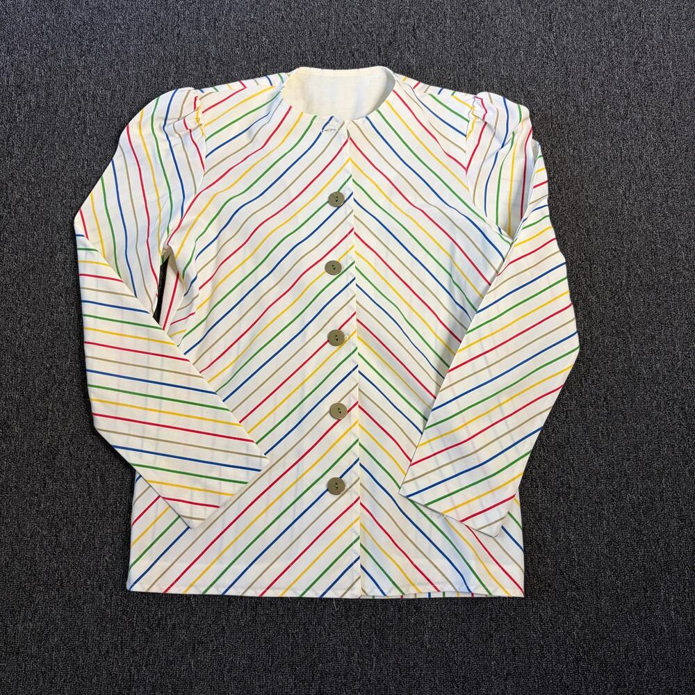 Vintage Y2k White Multicolor Rainbow Striped Button Front Longsleeve Women's S